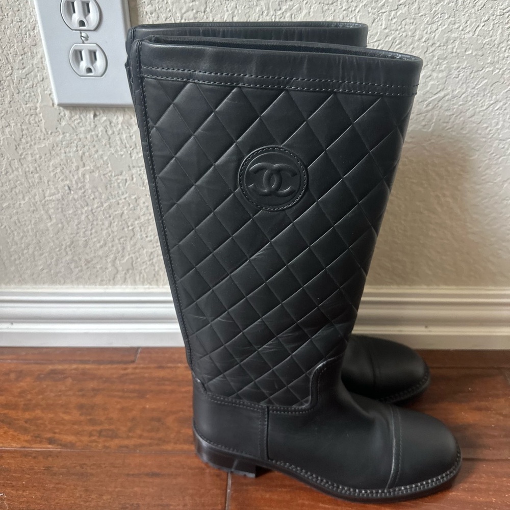 SOLD CHANEL Black Quilted Knee-High Boots Rain